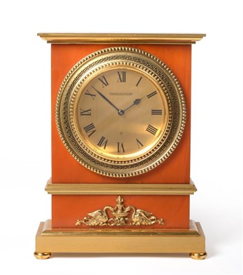 Lot 388 - A French Empire style mantel timepiece, signed Jaeger LeCoultre, circa 1970, case with brass...