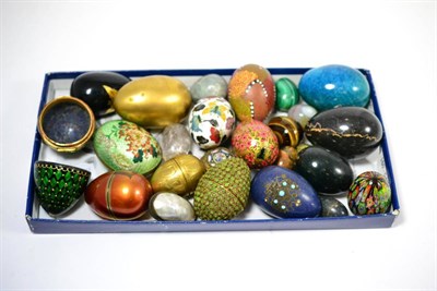 Lot 415 - A collection of 20th century mostly hardstone eggs and caskets