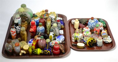 Lot 417 - Sixty four assorted snuff bottles including glass overlay examples, inside decorated examples,...