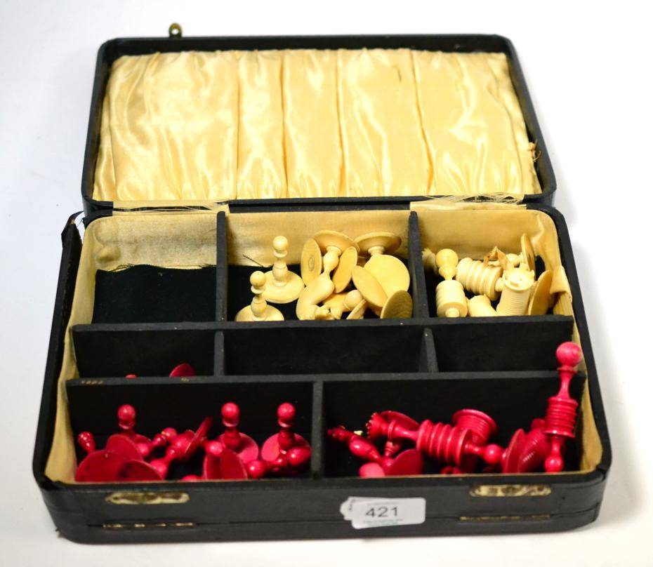 Lot 421 - An ivory chess set, the ivory pieces