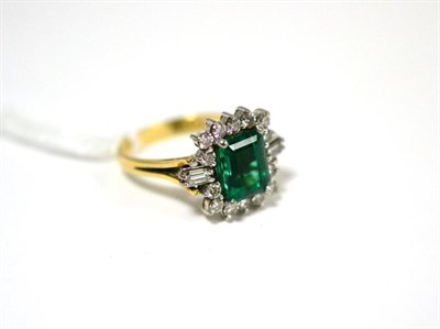 Lot 424 - A synthetic emerald and diamond cluster ring, the emerald-cut emerald within a border of round...