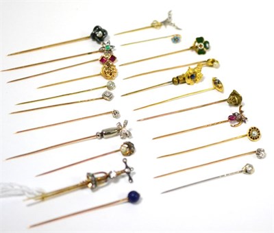 Lot 442 - Twenty-two assorted stick pins including diamond set and gemstone set examples