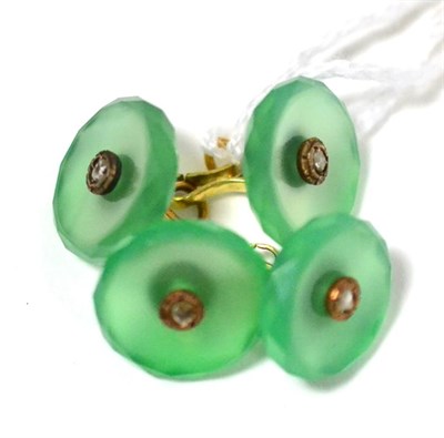 Lot 456 - A pair of chrysoprase and diamond cufflinks, the circular chrysoprase heads with faceted edges,...