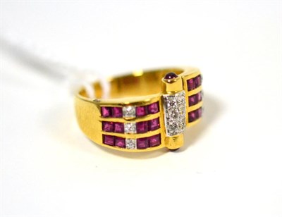 Lot 468 - A ruby and diamond ring, a central bar pavé set with round brilliant cut diamonds and a...