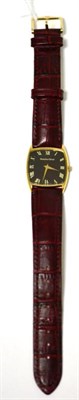 Lot 470 - An 18ct gold wristwatch, signed Bueche Girod, 1973, adjusted to five positions, black dial with...