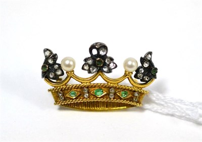 Lot 474 - A gem set coronet brooch, set with rose cut diamonds, two pearls and emeralds, measures 3.1cm...