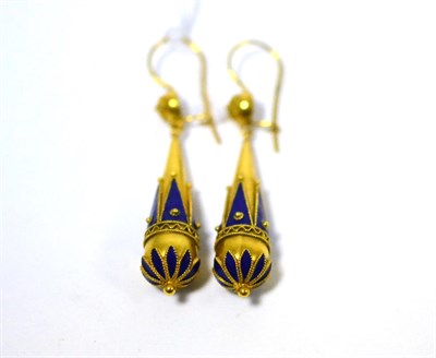 Lot 481 - A pair of Victorian Etruscan style blue enamelled drop earrings, with hook fittings, drop...