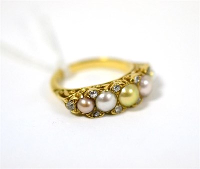 Lot 485 - A Victorian pearl and diamond ring, the five pearls/split pearls in pink and golden hues spaced...