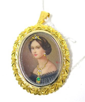 Lot 497 - A stone set miniature brooch/pendant, the portrait of a lady inset with diamonds and an...