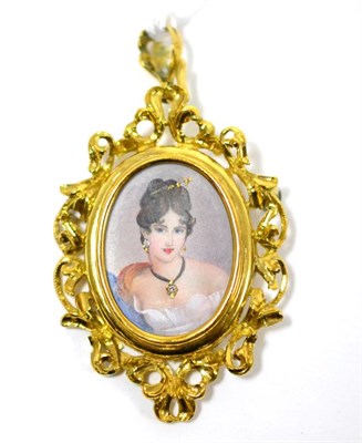 Lot 504 - A stone set miniature pendant, the portrait of a lady inset with diamonds, measures 3.5cm by 5.9cm