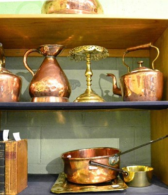 Lot 509 - Two copper jugs, two copper kettles, a brass trivet, a brass pan, a copper pan and an Arts & Crafts