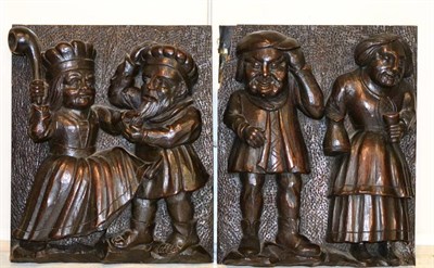 Lot 516 - A pair of English carved oak panels of Medieval couples