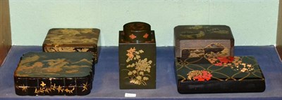 Lot 523 - A Japanese lacquer box and cover, Meiji/Taisho period, decorated in gilt with various shaped panels