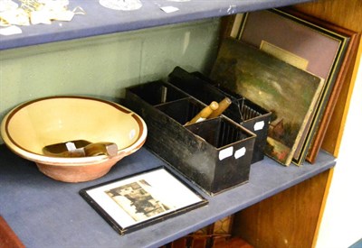 Lot 530 - Two toleware letter holders, a 19th century redware pottery cream bowl, two treen spoons and a...