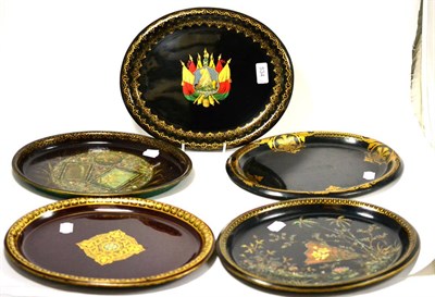 Lot 534 - Five toleware oval trays of various designs, each with label to verso 'By Her Majesty's Royal...