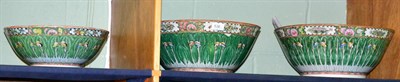 Lot 536 - A graduated set of three Cantonese famille verte leaf bowls, circa 1930, stamped made in china, the