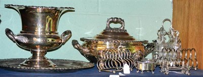 Lot 538 - Plated wares, comprising oval tureen and cover, urn shaped wine cooler, circular tray, pair of...