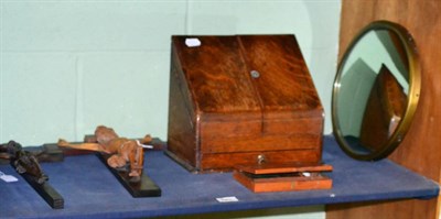 Lot 540 - ^Two crucifixes, an oak stationary box, an artist's box and a brass circular mirror