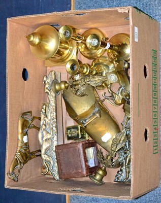 Lot 544 - Two brass carriage clocks, three brass candlesticks, fire side ornaments etc