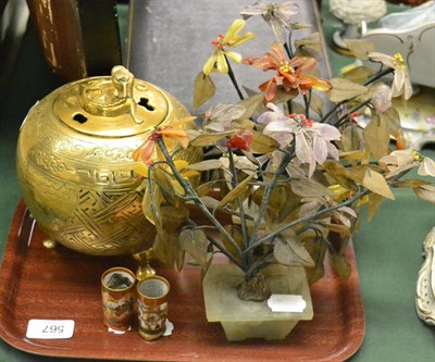 Lot 567 - Two Chinese hardstone table ornaments; a Chinese brass globular Koro and cover and two Japanese...