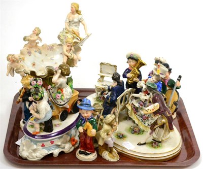 Lot 569 - A collection of Continental pottery and porcelain comprising ten various figures and figure...