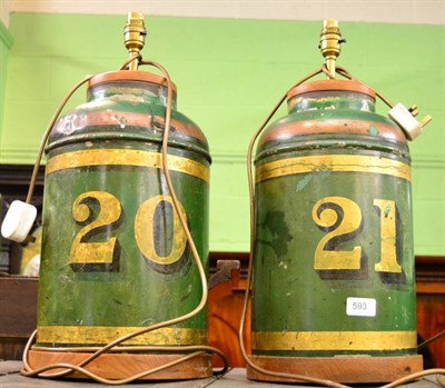 Lot 593 - A pair of tin apothecary cans converted to lamps