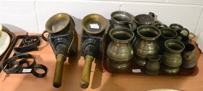 Lot 625 - A pair of Victorian coaching lamps and brackets and eleven pewter tankards of assorted sizes...