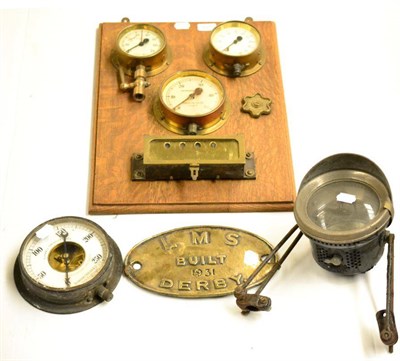 Lot 627 - Three pressure gauges mounted on an oak board, an automatic sprinkler gauge, labelled Dowson Taylor