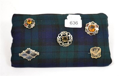 Lot 636 - A group of five Scottish silver and agate brooches, set with moss agate, grey banded agate,...