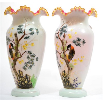 Lot 642 - A large pair of opaline vases with pink interior, height 33cm