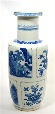 Lot 662 - A Chinese porcelain Rouleau vase, in Kangxi style painted in underglaze blue with panels of...