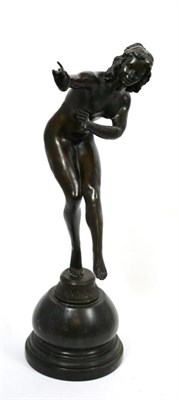 Lot 667 - A bronze figure of a dancing nude in Art Deco style on a grey marble domed base, 50cm high