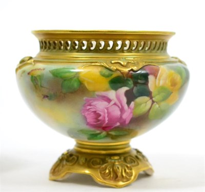 Lot 674 - A Royal Worcester gilt and flower painted small jardiniere with pierced rim, 13cm diameter