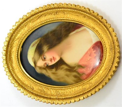 Lot 677 - 19th century K.P.M porcelain plaque depicting a female, contained within a gilt and gesso...