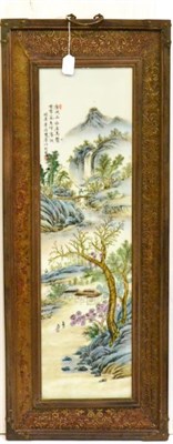 Lot 687 - An early 20th century Chinese porcelain panel in hardwood frame, 93cm by 36cm overall