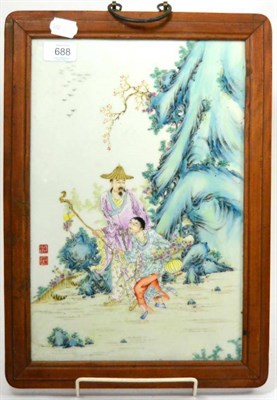 Lot 688 - A Chinese porcelain panel decorated with figures amongst the landscape 45cm high