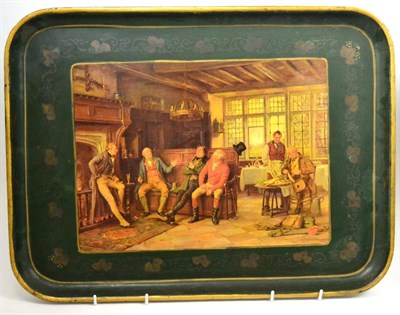 Lot 689 - A tray painted with an interior scene and a large blue carboy