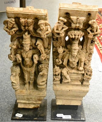 Lot 698 - A pair of 17th century Indian temple door Jambe carvings in bleached wood, with mortise joints...