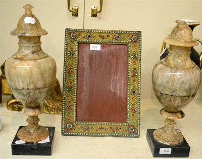 Lot 706 - A pair of 19th century fluorspar urn vases and covers, each on a slate pedestal (a.f.)