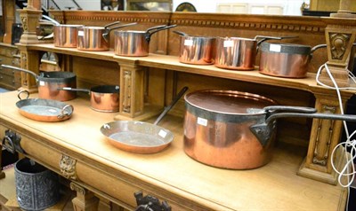 Lot 713 - A large 19th century copper saucepan engraved with coronet and ten other 19th century copper...