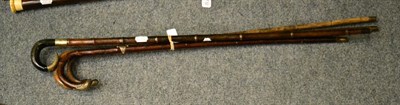 Lot 733 - An early 20th century cane walking stick with silver mounted horn handle and band mount...