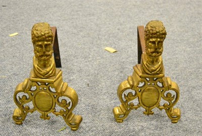 Lot 786 - A pair of brass andirons with classical figural mounts