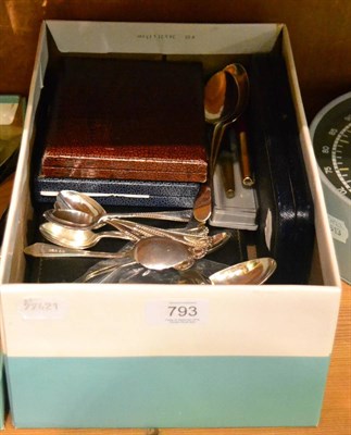 Lot 793 - ^Assorted silver flatware to include coffee bean spoons, christening set, teaspoons, butter dishes