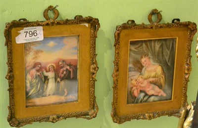 Lot 796 - H Harding, pair of miniatures of The Holy Family, 10cm by 7.5cm, in gilt metal frames