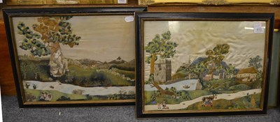 Lot 813 - Two George III framed embroideries of a lady by a tree and of a landscape