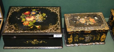 Lot 817 - Papier mâché sewing box and a shaped caddy both by Herbert Thomas Hayward