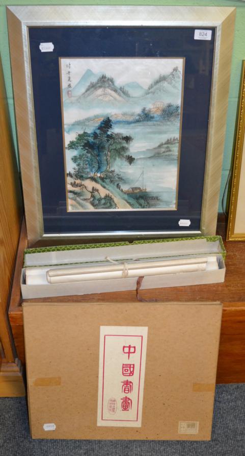 Lot 824 - Chinese School, extensive river landscape, watercolour, 39cm by 28cm, a folder containing five...