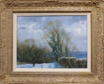 Lot 1002 - John Trickett (20th Century), Farmer in a Winter landscape, signed, oil on canvas 30cm by 39cm