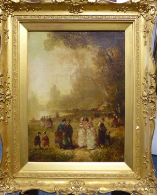 Lot 1009 - ^A Vignous (19th/20th century) Fashionable figures beside a river at sunset, signed, oil on canvas