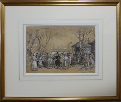 Lot 1012 - Ludovico Marchetti (1853-1909) A congregation of figures before a bridge, signed, inscribed...